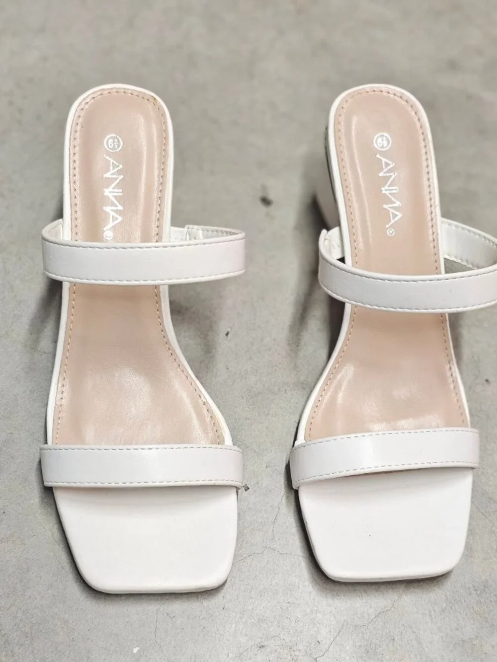 White Faux Leather Block Heel Sandals With Double Straps & Square Toe For Women